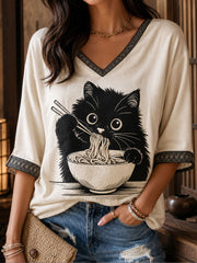 Damen japanische Katze Ramen Kunst bedrucktes Leinen T-Shirt