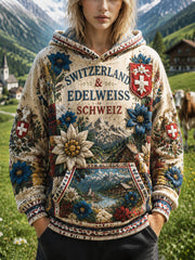 Damen Vintage Schweizer Flagge Blumen Patchwork Print Casual Kapuzen Sweatshirt