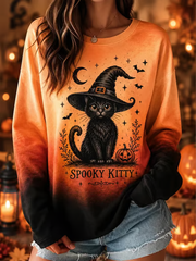 Damen Halloween Bedrucktes Rundhals-T-Shirt mit langen Ärmeln