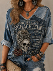 Frauen-T-Shirt mit witzigem Slogan-Print, mittellange Ärmel und V-Ausschnitt