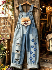 Damenhose mit Tiermotiv und Hundezipper, kunstvoll bedruckt, trägerlos