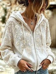 Damen-Kapuzen pullover mit Reiß verschluss Boho Weiß mit Blumen kunst