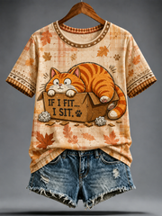 Damen-T-Shirt mit niedlichem Katzen-Print und kurzen Ärmeln