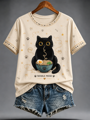 Damen-T-Shirt mit niedlichem Katzen-Print und kurzen Ärmeln