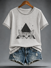 Damen-T-Shirt mit niedlichem Katzen-Print und kurzen Ärmeln
