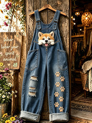Damenhose mit Tiermotiv und Hundezipper, kunstvoll bedruckt, trägerlos