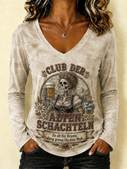 Frauen-Funny-Oktoberfest-Print T-Shirt mit V-Ausschnitt und langen Ärmeln