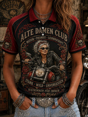 Damen-Poloshirt mit Raglanärmeln und grafischem „Old Ladies‘ Club“-Print, kurze Ärmel