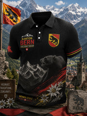 Herren-Poloshirt mit städtischem Grafik-Design, kurzärmelig und aus Waffelstrick