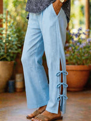 Damen-Hose aus Leinen mit seitlichem Schlitz und Bindebändern im lässigen Stil
