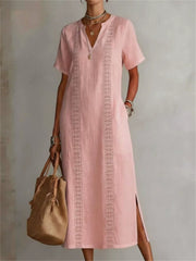 Damen-elegantes Leinen-Maxikleid mit seitlichem Schlitz und Kerbnahtkragen