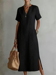 Damen-elegantes Leinen-Maxikleid mit seitlichem Schlitz und Kerbnahtkragen