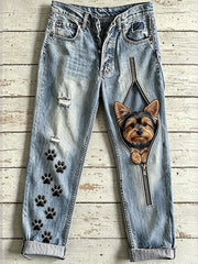 Damen-Jeans mit Tierhund-Motiv und Reißverschluss-Print