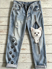 Damen-Jeans mit Tierhund-Motiv und Reißverschluss-Print
