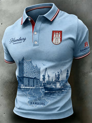 Herren-Poloshirt mit kurzen Ärmeln und Vintage-Print im Stil eines Städte-Souvenirs