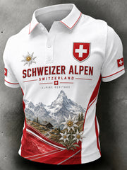 Herren-Poloshirt mit kurzen Ärmeln und einem Erinnerungsdruck mit schneebedeckter Berglandschaft