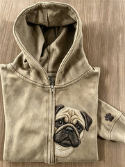 Frauen Peeking Mops Hund & Pfote Print Full Zip Hoodie