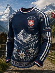 Herren-Waffelstrick-Raglan-Langarm-T-Shirt mit grafischem Schneeberg-Print