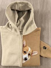 Damen Peeking Corgi Hund & Pfote Print Kontrast farbe Full Zip Hoodie