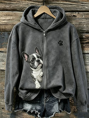 Damen Peeking französische Bulldogge & Paw Print Full Zip Hoodie