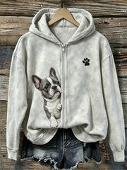 Damen Peeking französische Bulldogge & Paw Print Full Zip Hoodie