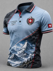 Herren-Poloshirt mit kurzen Ärmeln und einem Erinnerungsdruck mit schneebedeckter Berglandschaft