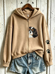 Damen niedliches Hunde muster bedruckt lässiger Kapuzen pullover mit Reiß verschluss