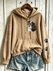 Damen-Kapuzenpullover mit niedlichem Hunde-Muster, lässig, halber Reißverschluss