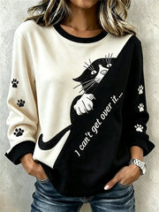 Casual Sweatshirt mit farb blockiertem Design für Frauen süßes Katzen muster
