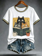Damen-T-Shirt mit niedlichem Katzenmuster und kurzen Ärmeln