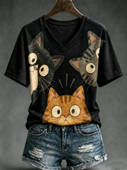 Kurzarm-T-Shirt mit süßem Katzen-Print für Damen