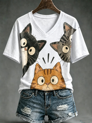 Kurzarm-T-Shirt mit süßem Katzen-Print für Damen