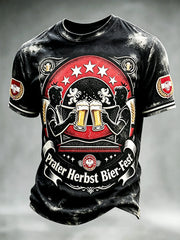 Herren-Retro-T-Shirt in Schwarz mit österreichischem und Wiener Oktoberfest-Muster im Patchwork-Stil, lässig geschnitten
