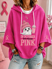 Frauen im Oktober tragen wir rosa Halloween Pink Ghost Print Brustkrebs Sensi bilisierung Unterstützung Kurzarm Hoodie