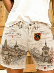 Lässige Damen-Jeansshorts mit Stadt-Souvenir-Print