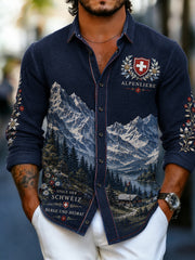 Herren-Longsleeve-Hemd aus Waffelstrick mit Alpenberg-Print