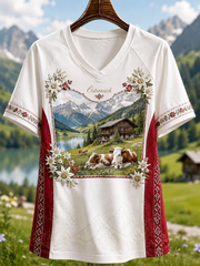 Frauen österreich ische ländliche Kultur V-Ausschnitt Off-Schulter-Kurzarm-T-Shirt