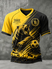 Herren-Raglan-T-Shirt mit V-Ausschnitt und kurzen Ärmeln, bedruckt mit einem Fußballmotiv