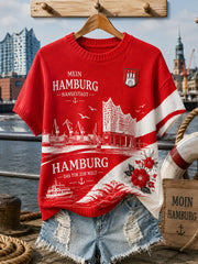 Damen-Stricktop mit kurzen Ärmeln und grafischem Städte-Souvenir-Print