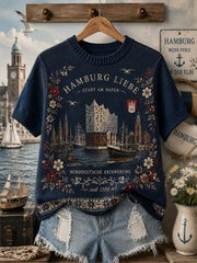 Damen-Stricktop mit kurzen Ärmeln und grafischem Städte-Souvenir-Print