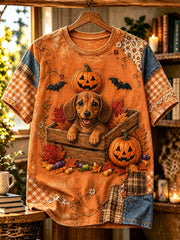 Weibliches Halloween-Hundemotiv-Druck-Vintage-Mode-Lässiges Kurzarm-T-Shirt