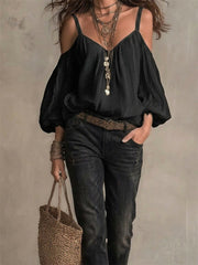 Damen Vintage Boho hohle Schulter Puff Ärmel Flowy Tunika
