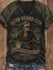 Damen-Vintage-T-Shirt mit Slogan-Print, Raglanärmeln und V-Ausschnitt