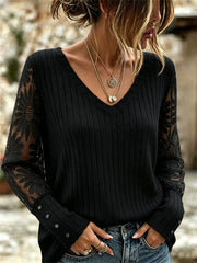 Damen Vintage Sonnenblumen Spitze Patchwork V-Ausschnitt Pullover