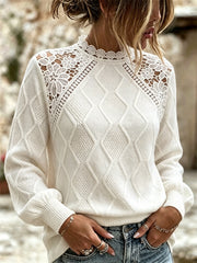 Damen Vintage Blumen spitze Patchwork Spitze mit Spitzen besatz, gemütlicher Strick pullover