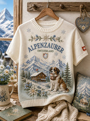 Kurzärmeliges Strick-T-Shirt für Damen mit alpinem Blumenmuster