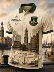 Herren-Poloshirt mit kurzen Ärmeln und urbanem, erinnerungsträchtigem Grafikdruck