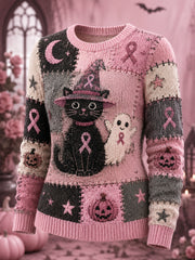 Damen-Halloween-Pullover in Pink mit Geister- und Katzenmotiv sowie pinker Schleifen-Print zur Unterstützung der Brustkrebsaufklärung