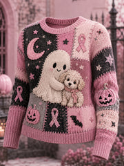 Damen-Halloween-Pullover in Pink mit Geister- und Hundemotiv sowie rosa Schleifenmuster zur Unterstützung der Brustkrebsaufklärung