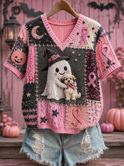 Damen-Halloween-Top mit rosa Geist und Hund, pinker Schleifen-Print zur Unterstützung der Brustkrebsaufklärung, V-Ausschnitt